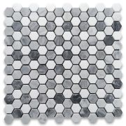 Carrara White Marble 1 inch Monochrome Hexagon Mosaic Tile w/ Bardiglio Gray Thassos White Honed