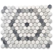 Carrara White Marble 1 inch Hexagon Riverside Drive Mosaic Tile w/ Thassos White Bardiglio Gray Polished