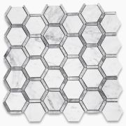 Carrara White Marble 2 inch Hexagon w/ Bardiglio Gray Strip Mosaic Tile Polished