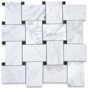 Carrara White Large Basketweave Mosaic Tile w/ Black Dots Polished