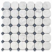 Carrara White Marble 2 inch Octagon Mosaic Tile w/ Nero Marquina Black Dots Tumbled