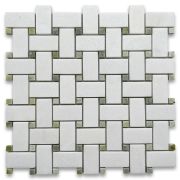 Thassos White 1x2 Basketweave Mosaic Tile w/ Green Dots Honed