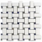 Thassos White Marble 1x2 Basketweave Mosaic Tile w/ Blue Dots Polished