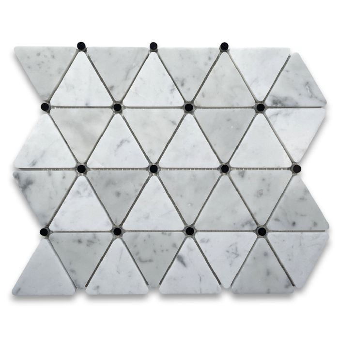 Carrara White Marble 2-3/4 inch Triangle Mosaic Tile w/ Nero Marquina Black  Round Dots Honed